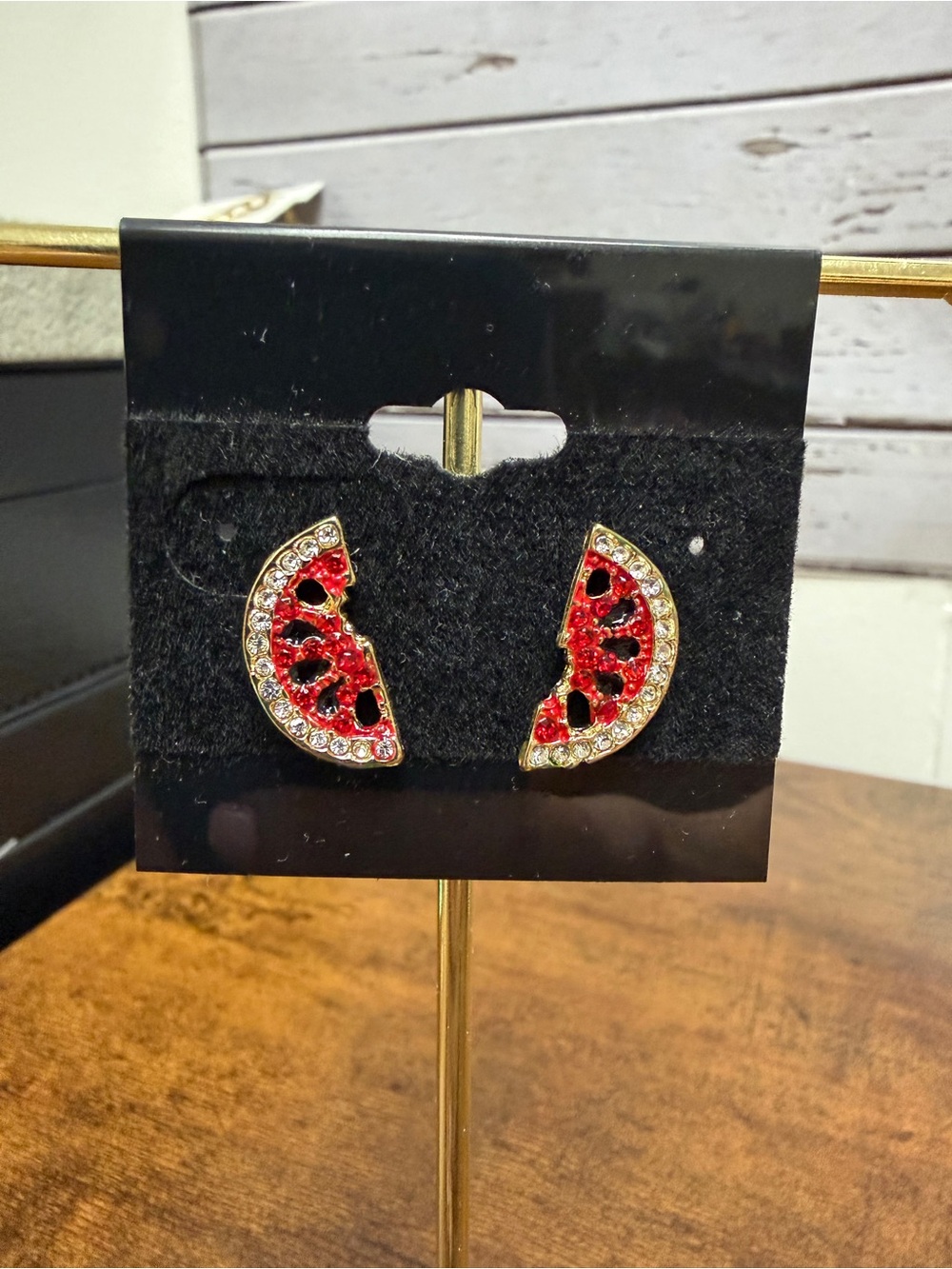 🍀3/$30 Gold-Tone Red Crystal Watermelon Slice Stud Earrings